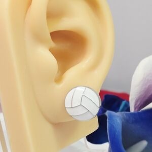 White Volleyball Stud Earrings 🏐 Enamel Silver Sports Mom Athlete Jewelry Glam
